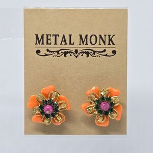 Metal Monk Colorful Rhinestone 3D Flower Stud Earrings NEW Boho